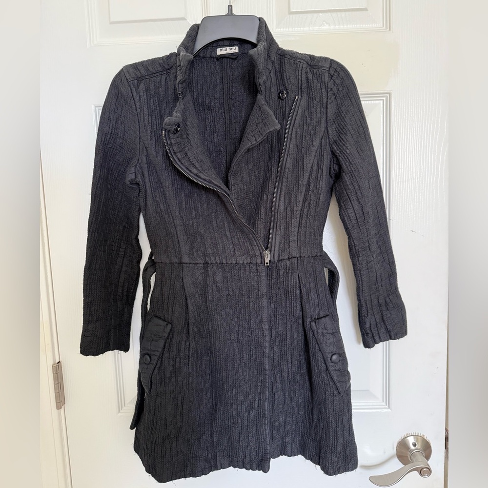 Miu Miu Charcoal Ribbed Knit Trench Coat